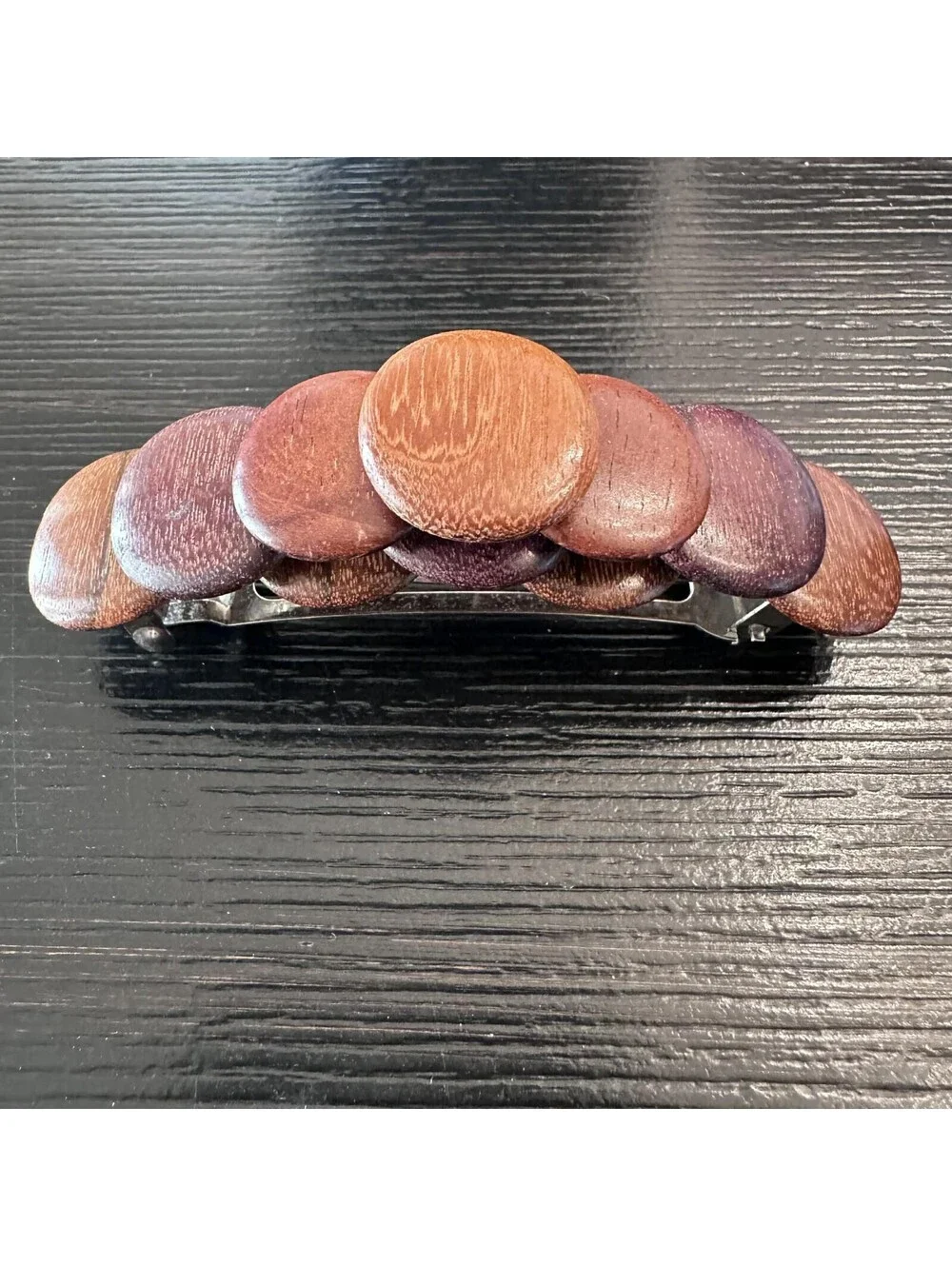 Vintage Made In France Wooden Disc Barrette Brown Wood Hair Clip Boho VGC